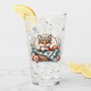 Blumenfox im Korb mit Quilt und Blume Glas