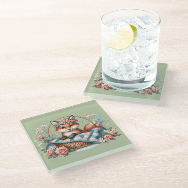 Blumenfox im Korb mit Quilt und Blume Glasuntersetzer (Schrägansicht)