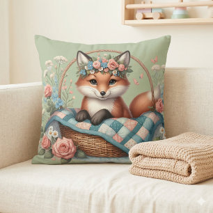 Blumenfox im Korb mit Quilt und Blume Kissen