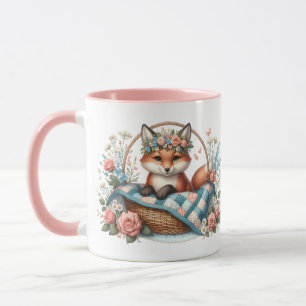 Blumenfox im Korb mit Quilt und Blume Tasse