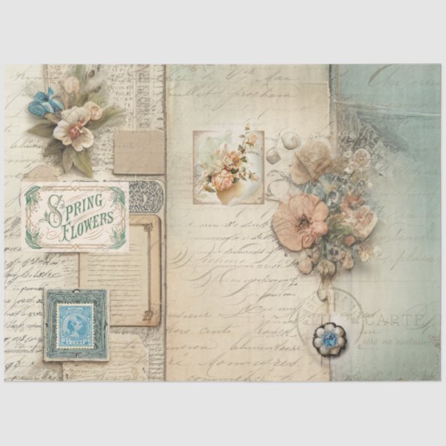 Blumenfranzösisch Blau Pink Vintag Ephemere Decoup Seidenpapier (Vorderseite)