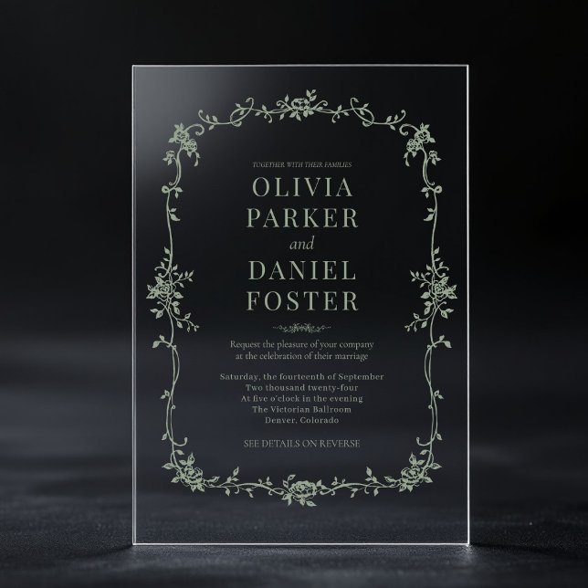 Blumenfranzösisch Viktorianisch Sage Green Wedding Acryleinladungen (Von Creator hochgeladen)