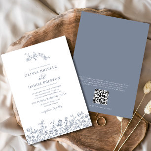 Blumenfranzösisch Vintag QR Code Dusty Blue Weddin Einladung
