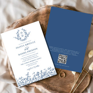 Blumenfranzösisch Vintag QR Code Navy Blue Wedding Einladung