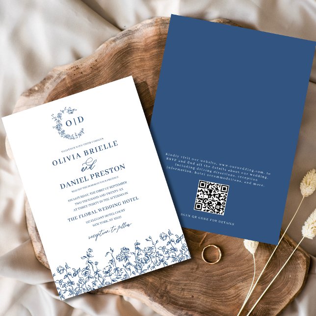 Blumenfranzösisch Vintag QR Code Navy Blue Wedding Einladung (Von Creator hochgeladen)