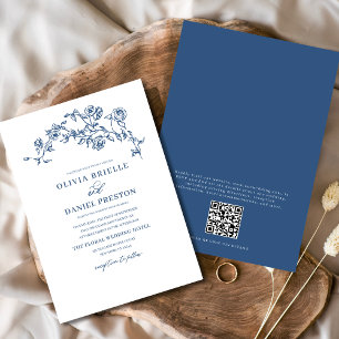 Blumenfranzösisch Vintag QR Code Navy Blue Wedding Einladung