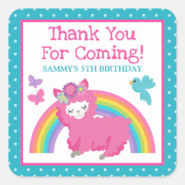 Blumenfrühling Rosa Lama & Rainbow Birthday Quadratischer Aufkleber