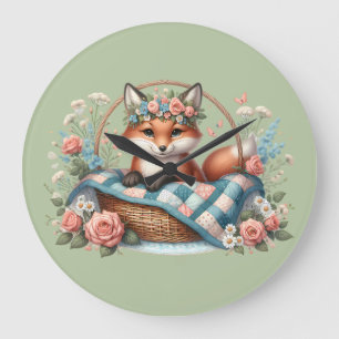 Blumenfuchs im Korb mit Quilt und Blumen Große Wanduhr