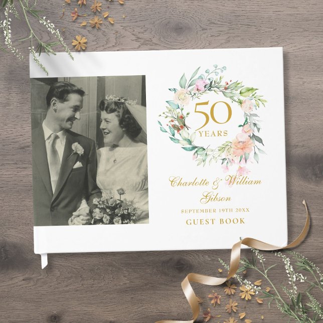 Blumengarland 50. Hochzeitstag Foto Gästebuch (Floral Garland 50th Wedding Anniversary Photo Guest Book)