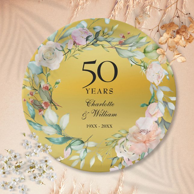 Blumengarland Gold Foil 50. Hochzeitstag Pappteller (Floral Garland Gold Foil 50th Wedding Anniversary Paper Plates)