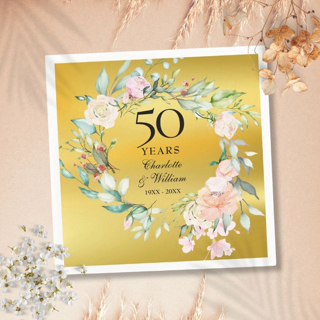 Blumengarland Gold Foil 50. Hochzeitstag Serviette (Floral Garland Gold Foil 50th Wedding Anniversary Napkins)