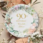 Blumengarland Rose 90. Geburtstag Pappteller<br><div class="desc">Diese elegante Botanische Serviette aus dem 90. Jubiläum mit einer zarten Aquarellblumengarage kann mit Ihren speziellen Informationen zum 90. Geburtstag personalisiert werden. Entwickelt von Thisisnotme©</div>