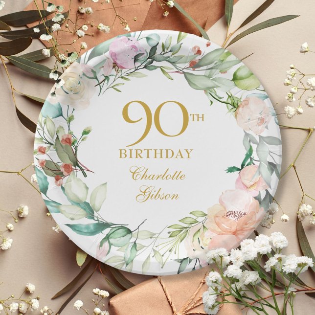 Blumengarland Rose 90. Geburtstag Pappteller (Floral Roses Garland 90th Birthday Paper Plates)