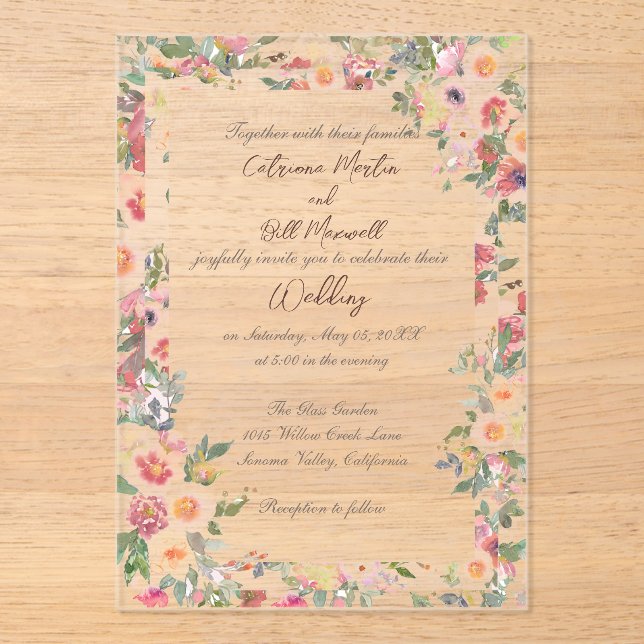 Blumengarten Akronylic Clear Wedding Einladung (Vorderseite)