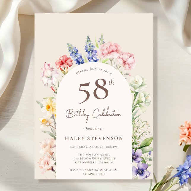 Blumengarten Arch Whimsical Beige 58. Geburtstag Einladung (Von Creator hochgeladen)