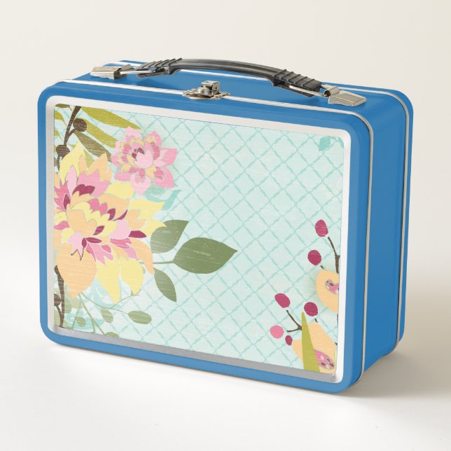 Blumengarten, blauer Hintergrund Metall Lunch Box (Vorderseite)