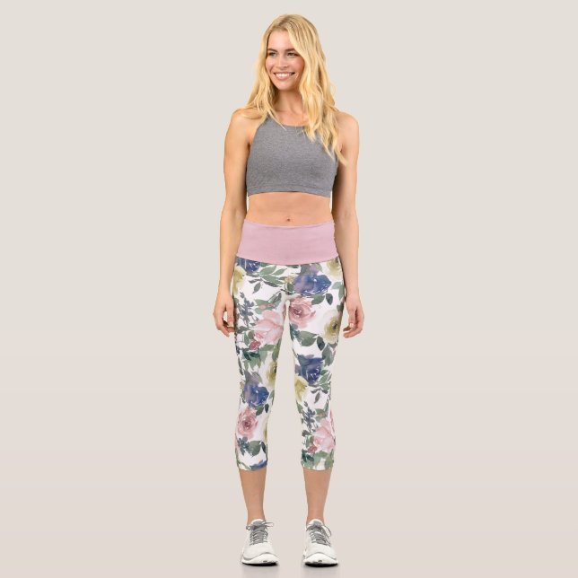 Blumengarten Blauer Rose Blauer Creme Weißer Champ Capri Leggings (Vorderseite)