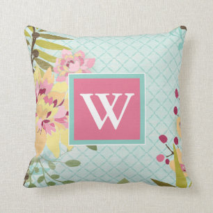 Blumengarten des Monogramm- , blauer Hintergrund Kissen
