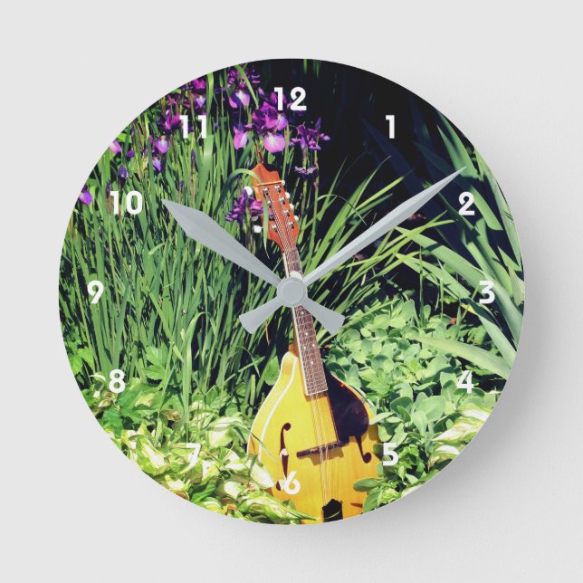 Blumengarten Mandolin und Iris   Runde Wanduhr (Vorderseite)