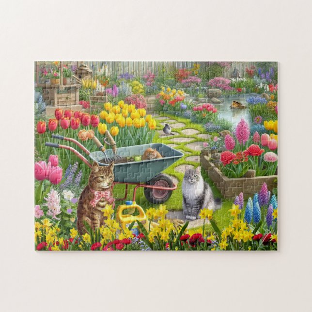Blumengarten mit Katzen / Katzenrübe Puzzle (Horizontal)
