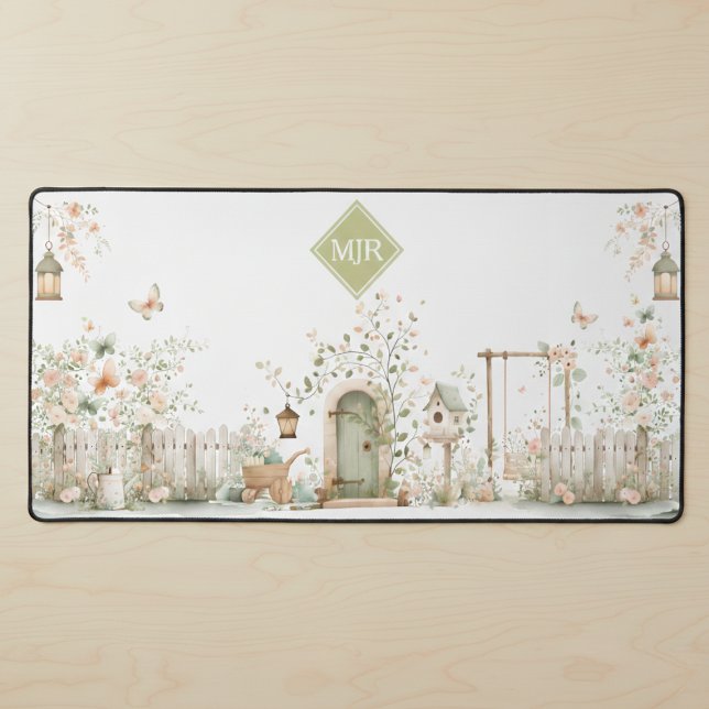 Blumengarten-Monogramm Schreibtischunterlage (cute sweet cottagecore floral garden desk mat with custom monogram initials)