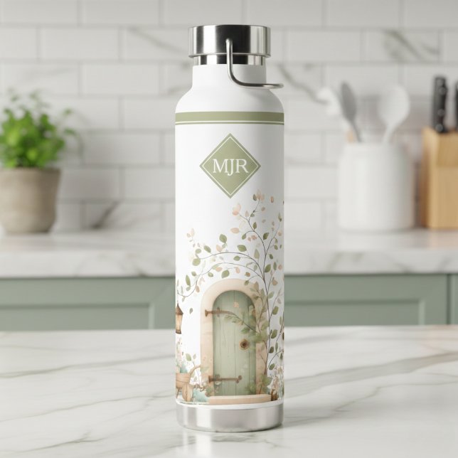 Blumengarten-Monogramm-Wasserflasche Trinkflasche (cute cottage floral garden sage green and white water bottle with custom monogram initials)