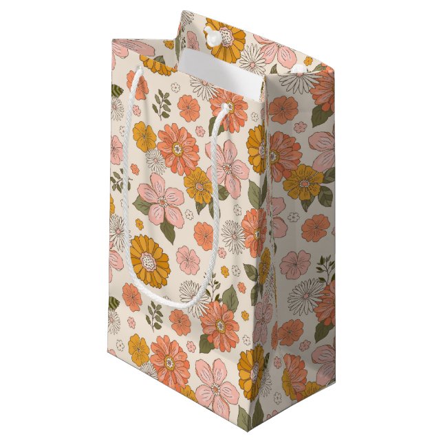 Blumengarten-Muster in Rosa und Orange Kleine Geschenktüte (Vorderseite Schrägansicht)