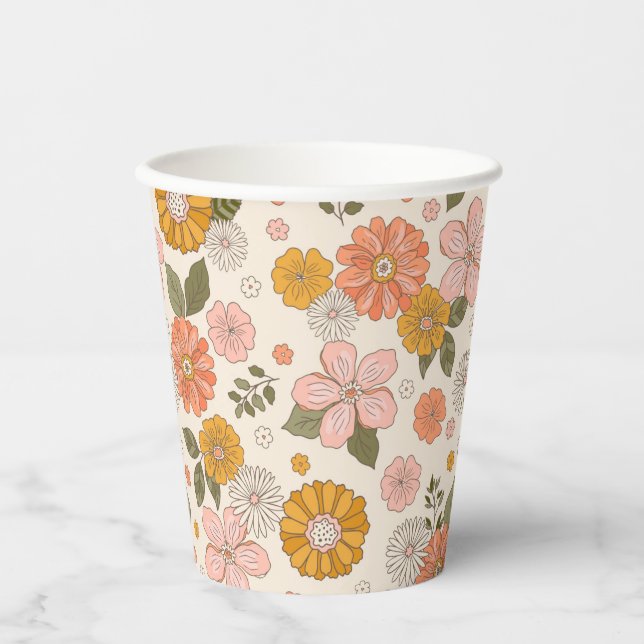 Blumengarten-Muster in Rosa und Orange Pappbecher (Vorderseite)