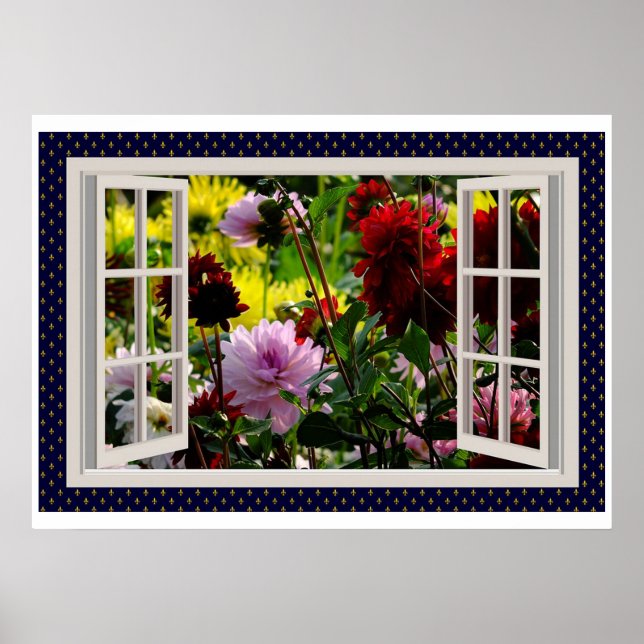 Blumengarten, offenes Fenster, Dahlias Poster (Vorne)