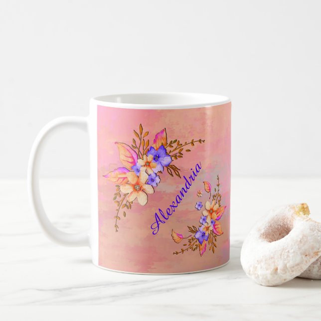 Blumengarten Pink Wasserfarbe Persönlich gestalten Kaffeetasse (Mit Donut)