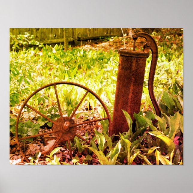 Blumengarten Rusty Wheel und Pump Tinted Poster (Vorne)