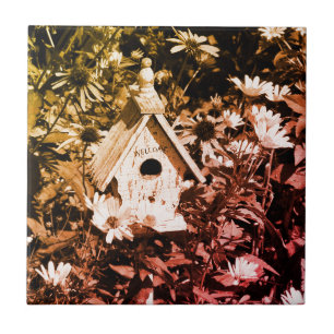 Blumengarten Vogelhaus Schwarz-Weiß Vintag Fliese