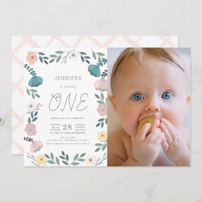 Blumengarten Weiße GIrl Foto 1. Geburtstag Einladung (Vorne/Hinten)