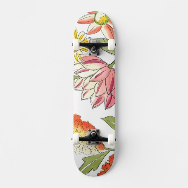 Blumengartendesign mit weißem Hintergrund Skateboard (Vorderseite)