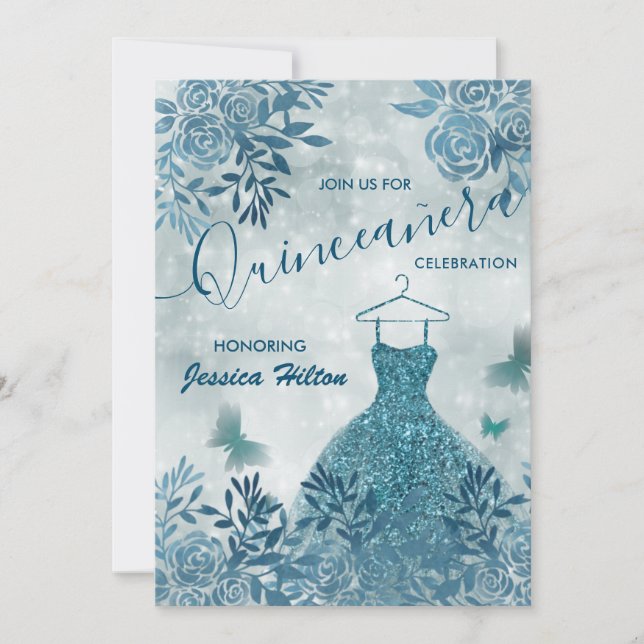 Blumengartenkleid "Blue Butterfly" Quinceañera Einladung (Vorderseite)