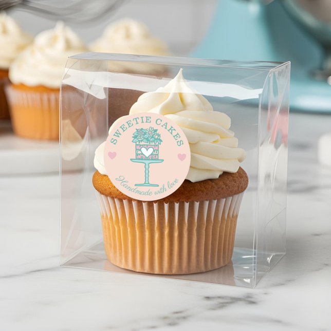 Blumengebäck Kuchen & Ständer Logo Rosa Rosa Runder Aufkleber (Floral Style Bakery Cake & Stand Logo Blush Pink Classic Round Sticker)