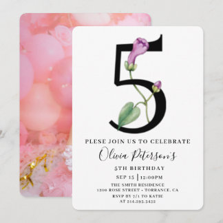 Blumengeburt 5. Geburtstag mit individueller Foto- Einladung