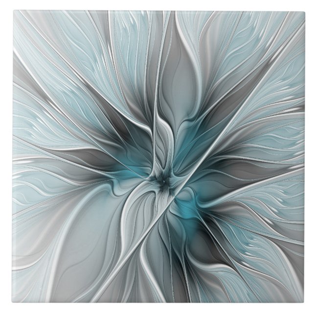 Blumengeflecht Moderne Abstrakte Blume Blau Grau Fliese (Vorderseite)