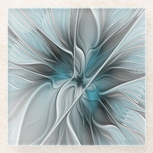 Blumengeflecht Moderne Abstrakte Blume Blau Grau Glasuntersetzer