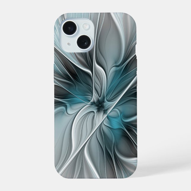 Blumengeflecht Moderne Abstrakte Blume Blau Grau iPhone 15 Hülle (Rückseite)