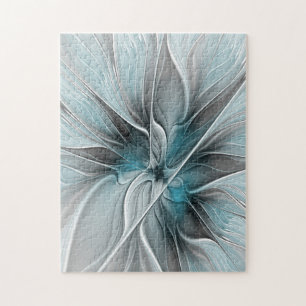Blumengeflecht Moderne Abstrakte Blume Blau Grau Puzzle