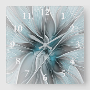 Blumengeflecht Moderne Abstrakte Blume Blau Grau Quadratische Wanduhr