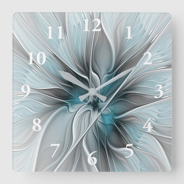 Blumengeflecht Moderne Abstrakte Blume Blau Grau Quadratische Wanduhr (Vorderseite)