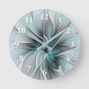 Blumengeflecht Moderne Abstrakte Blume Blau Grau Runde Wanduhr