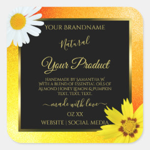 Blumengelb-orangefarbener Glitzer Schwarze Produkt Quadratischer Aufkleber