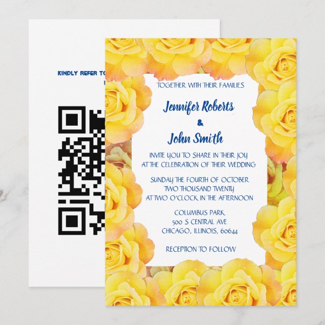 Blumengelbe blaue Rose Cooler QR-Code Hochzeit Einladung (Vorne/Hinten)