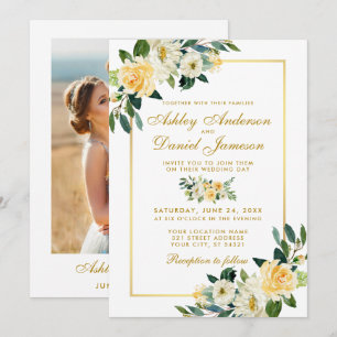 Blumengelbe Foto-Hochzeit Einladung