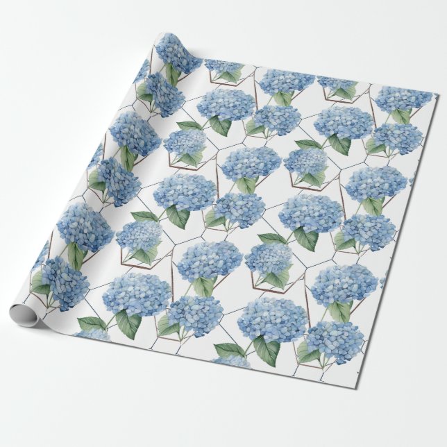 Blumengeometrie - Blaue und weiße Hydrangeas Geschenkpapier (Ungerollt)