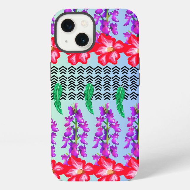 Blumengeprägtes iPhone 13 Case, blauer Hintergrund Hülle (Rückseite)
