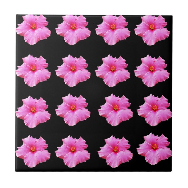 "Blumengeschmack: Rosa Hibiskus blüht auf Schwarz" Fliese (Vorderseite)